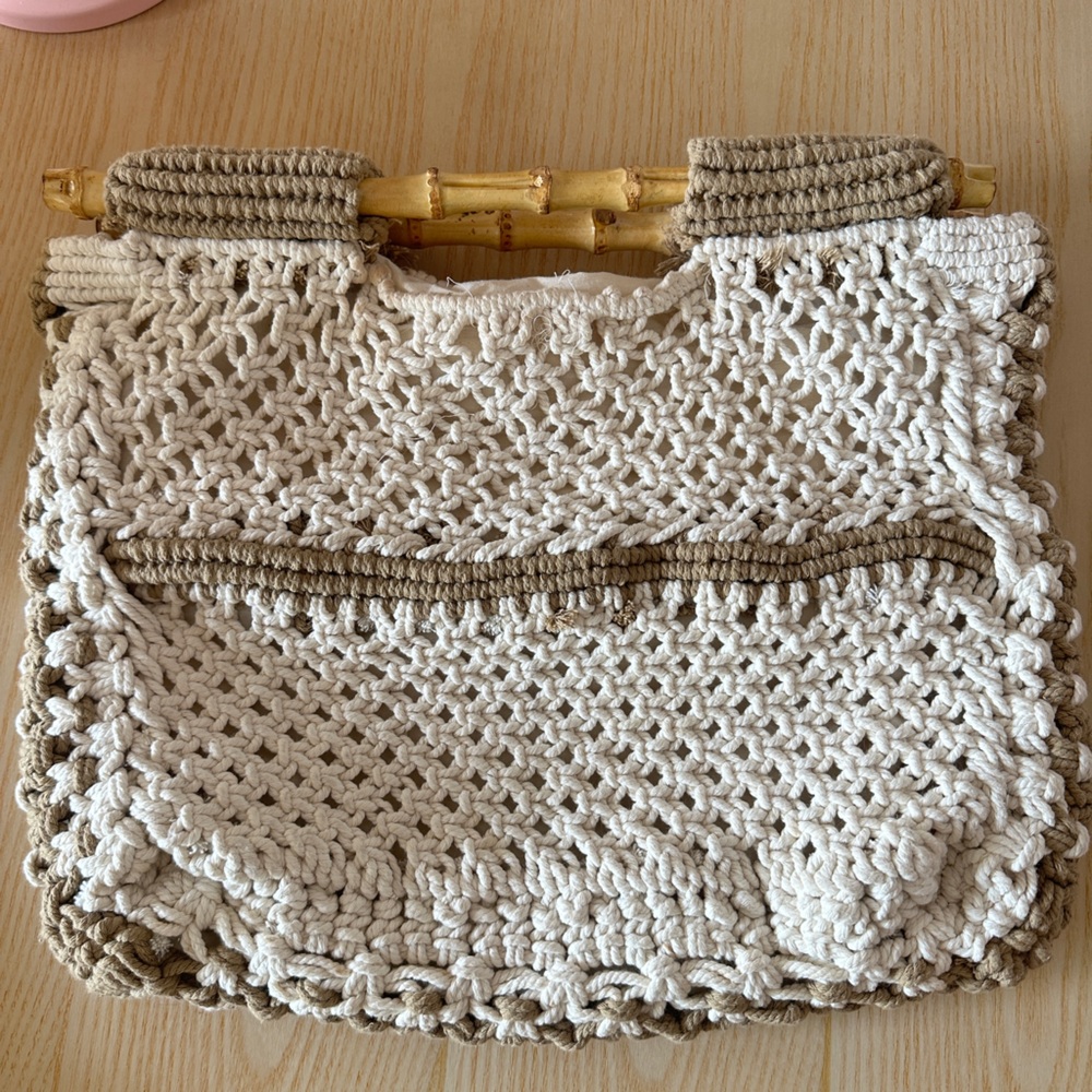 Straw Studios Crochet Tote Bag with Bamboo Handles